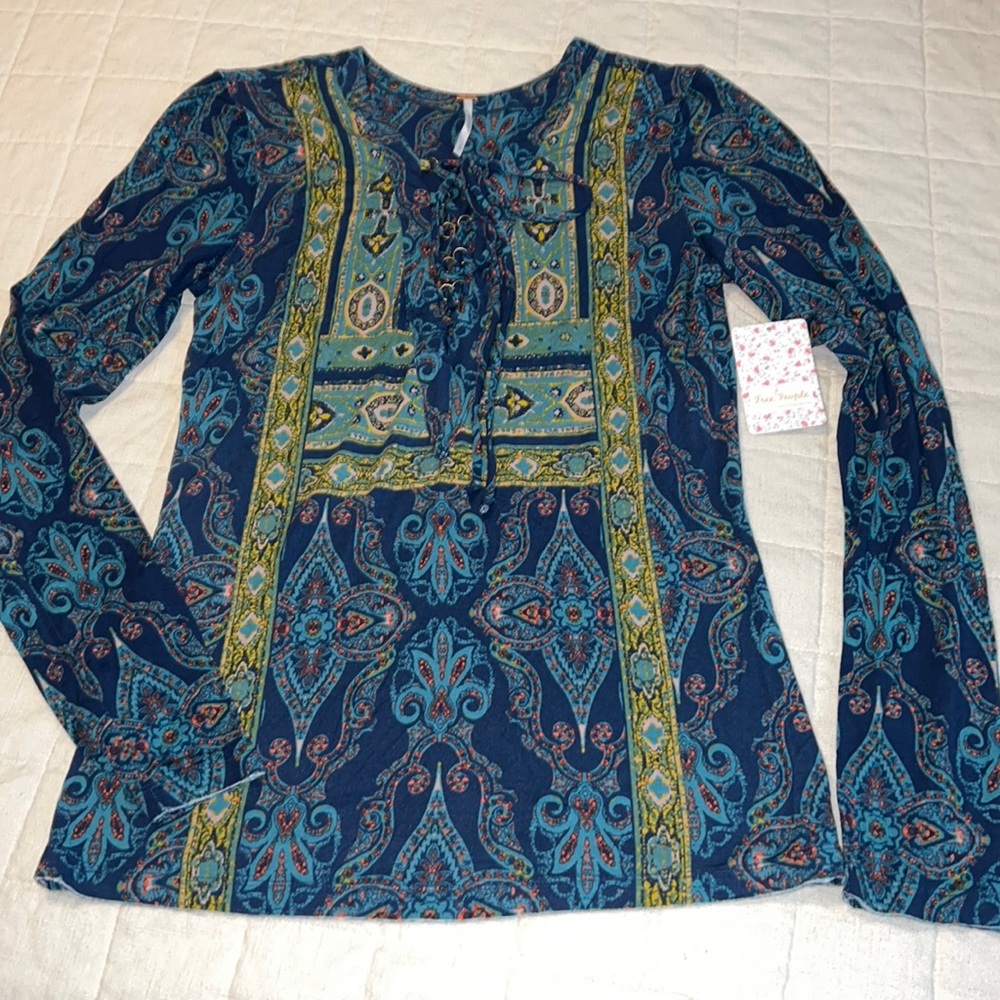 Free People Navy Blue Paisley Tie-Neck Blouse with Teal & Olive Accents